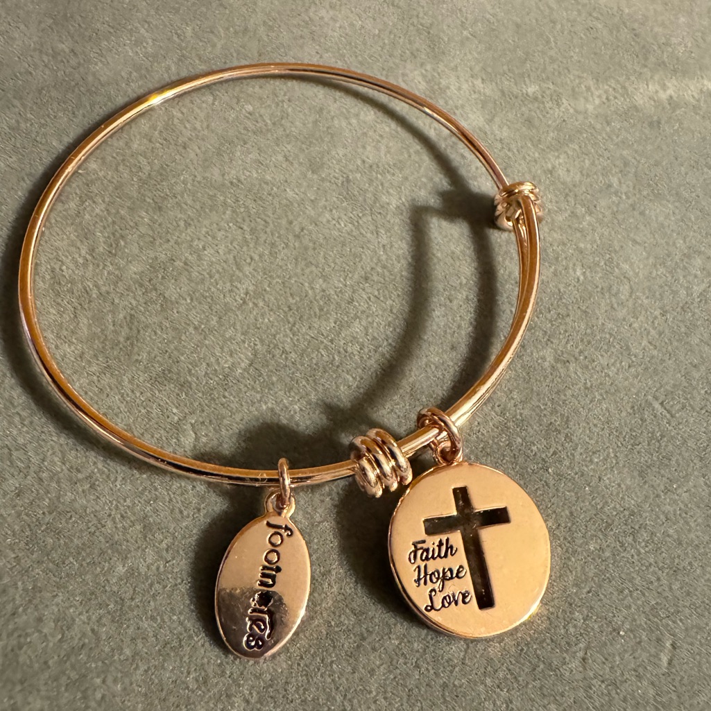 Rose Gold Tone Footnotes Faith Hope Love Cross Rhinestone Bracelet